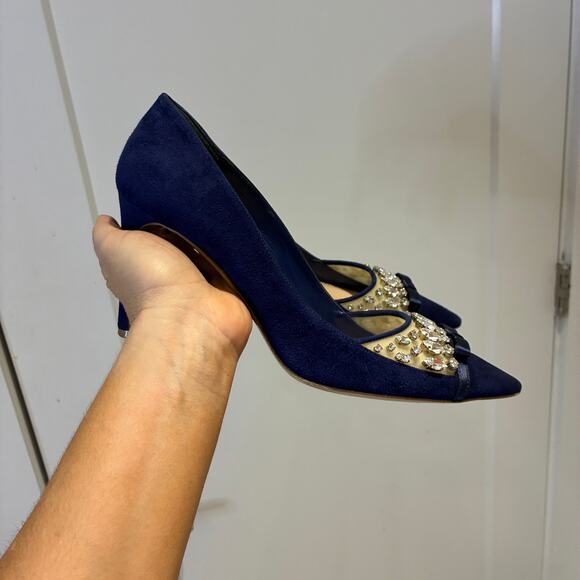 Miu Miu Navy Suede Embellished Pointy Heels Sz 39 - Picture 4 of 10